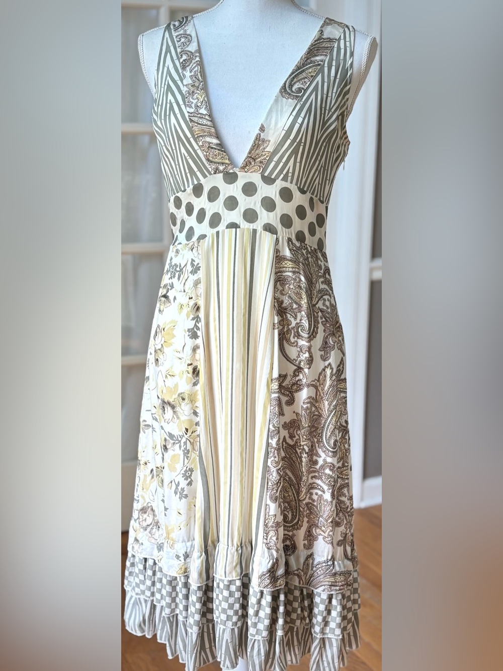 Chan Luu 100% Silk Patchwork Boho Midi Dress | Size Small